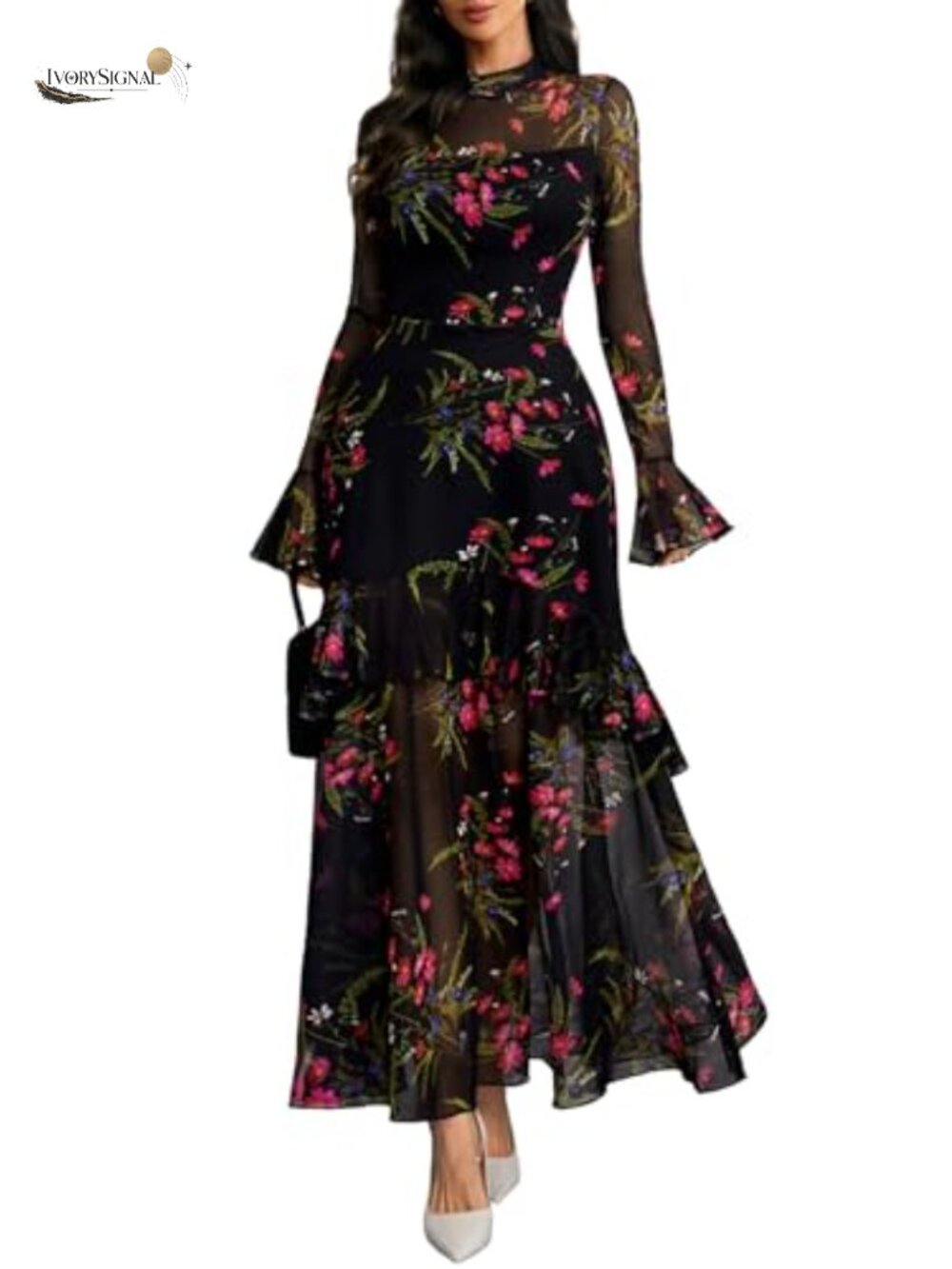 Women Floral Maxi Dress Bell Sleeve Mermaid Party Wedding Guest